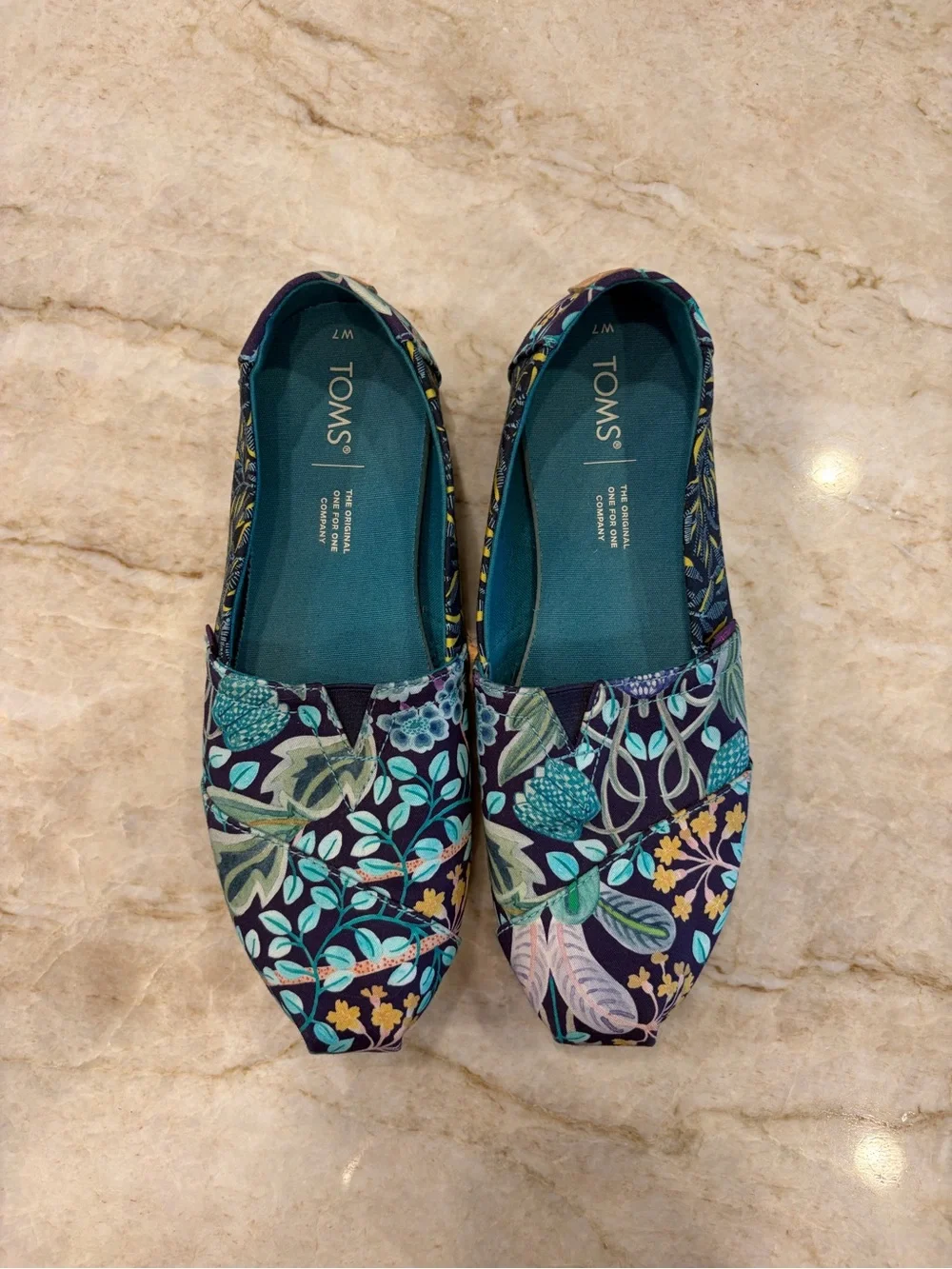 TOMS Navy Floral Slip-On Shoes with Teal Accents